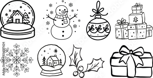 Winter whimsical christmas tree doodle sketch vector illustration. Holiday line art simple party decoration for new year. Minimalist snowflake outline set.Set of hand-drawn Christmas tree doodles 