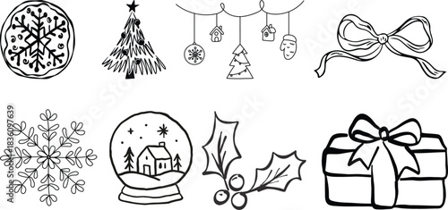 Winter whimsical christmas tree doodle sketch vector illustration. Holiday line art simple party decoration for new year. Minimalist snowflake outline set.Set of hand-drawn Christmas tree doodles 