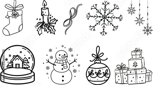 Winter whimsical christmas tree doodle sketch vector illustration. Holiday line art simple party decoration for new year. Minimalist snowflake outline set.Set of hand-drawn Christmas tree doodles 