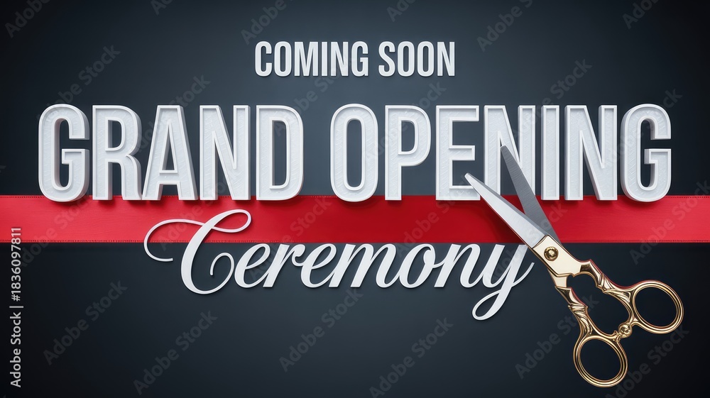 Fototapeta premium Announcing a grand opening ceremony soon with ribbon cutting to celebrate business launch, a new beginning, and exciting opportunity for growth