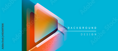 Abstract geometric shapes overlap, creating vibrant color gradients. Turquoise background complements design elements. Modern aesthetic.