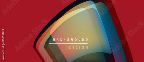 Abstract design features layered shapes, vibrant colors, smooth gradients. Red background provides striking contrast. Modern, artistic presentation.