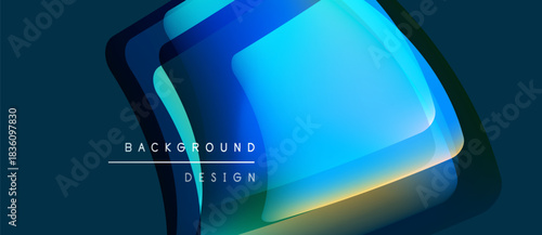 Abstract geometric shapes overlap, creating vibrant blue gradient effect. Modern design elements suggest technology, innovation. Dark background enhances luminosity.