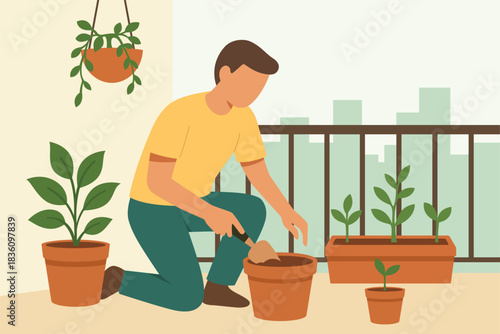 Urban balcony gardening - flat vector illustration of two people planting and watering vegetables