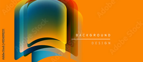 Abstract shapes overlap, creating vibrant color gradients. Orange background complements design elements. Modern aesthetic.