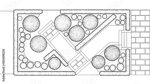 Detailed garden plan illustration showing trees, shrubs, and pathways in a rectangular layout.