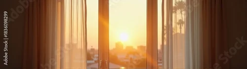 Fototapeta samoprzylepna View of a city from a window with curtains