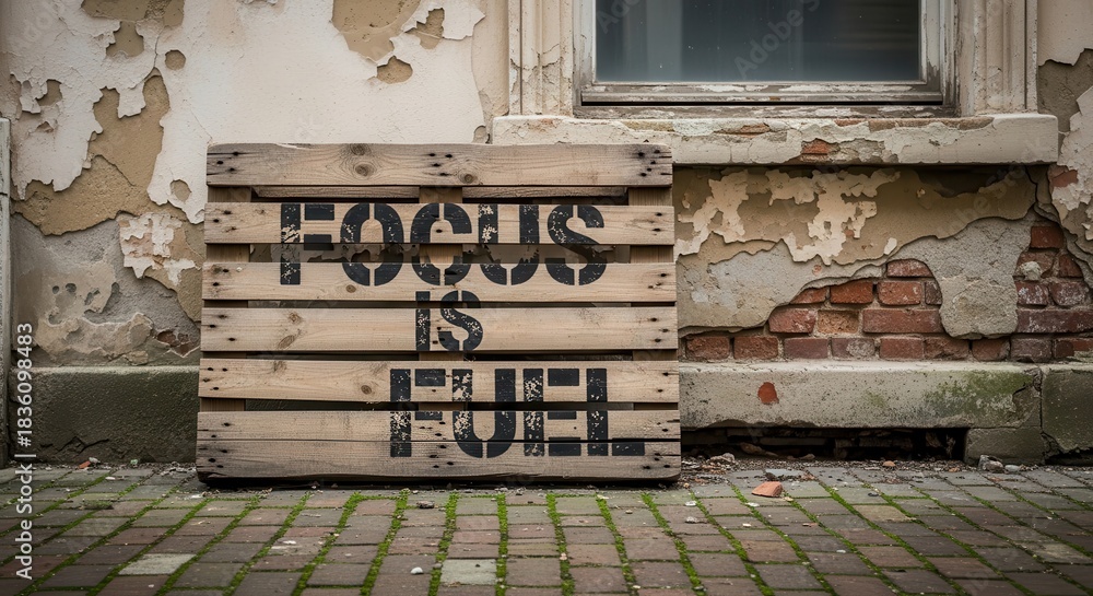Fototapeta premium Wooden Crate with 'Focus Is Fuel' Stenciled Message Against Old Building Wall