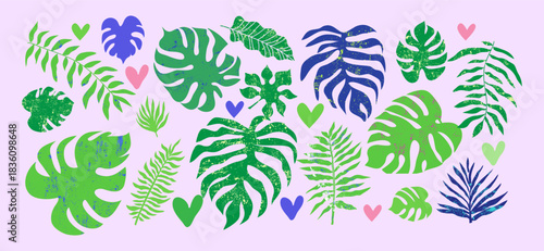 Tropical leaves icon set Foliage flowers, plants different shapes texture Colorful doodle vector illustration for design