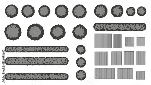Overhead view of garden elements including trees, hedges, and paving stones for landscape design.