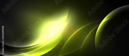 Abstract design features flowing yellow curves against dark background. Brightness creates dynamic visual effect. Smooth shapes suggest movement.