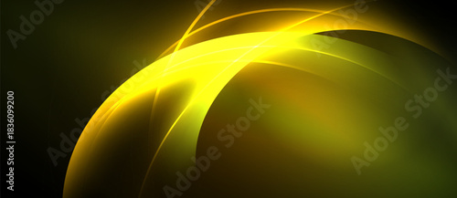 Bright yellow curves radiate from center. Dark background creates dramatic contrast, suggesting energy, motion. Smooth gradients define shapes.