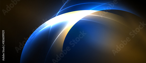 Abstract design features curved lines, bright colors, glowing light. Dark background emphasizes dynamic shapes, creating modern visual.