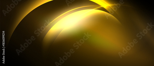 Abstract golden curves create dynamic light effect. Smooth gradients suggest energy, movement, depth. Minimalist design, elegant presentation.