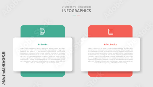 ebook vs digital book comparison for infographic with round box with big block at behind drop shadow style with two point list information