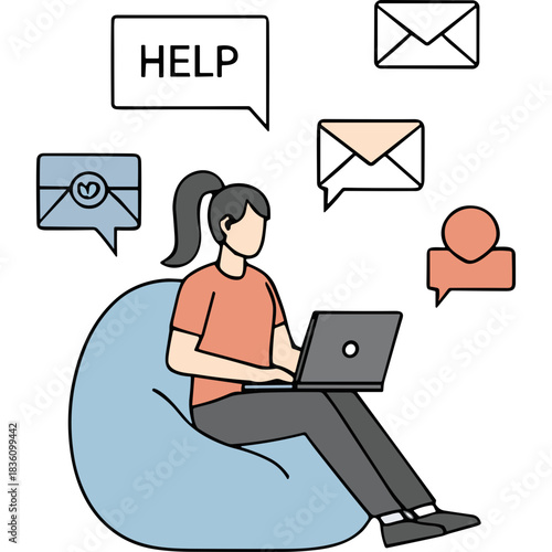 Young Woman Sitting on Beanbag Chair Working on Laptop Surrounded by Email and Message Icons with HELP Speech Bubble Above Her Head in a Flat Design Style