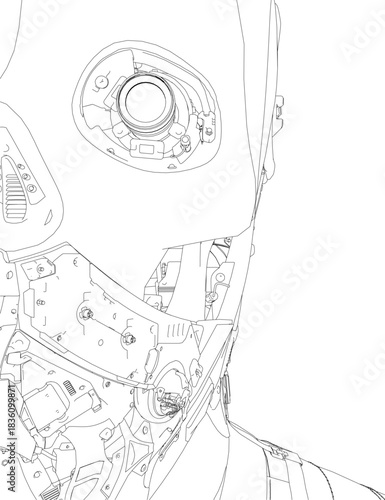 Detailed cyborg robot sketch with a humanoid contour, featuring labeled mechanical parts for the head, arms, and legs on a clean white background.