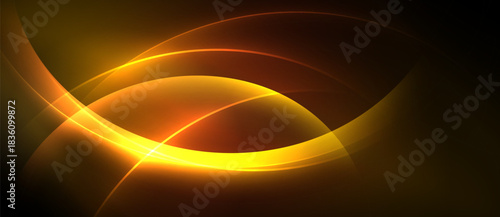 Abstract design features glowing curves, warm colors. Dynamic composition creates visual energy, modern aesthetic. Dark background enhances luminosity.