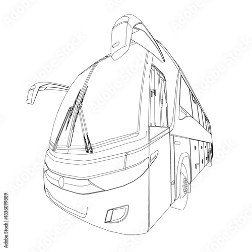 Detailed black and white contour drawing of a bus, featuring intricate line work and realistic curves on a clean white background.
