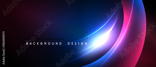 Abstract neon background. Gradient colors blend, creating dynamic curves. Text reads background design centered below bright light effect.