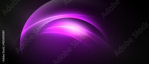 Abstract purple light curves radiate from center. Dark background creates dramatic visual effect. Smooth gradients define shapes.
