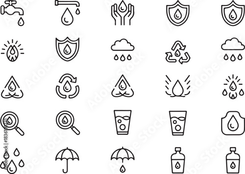 Water conservation and environmental sustainability icons. outline design for hydration, purity, tap water, rain, and recycling.