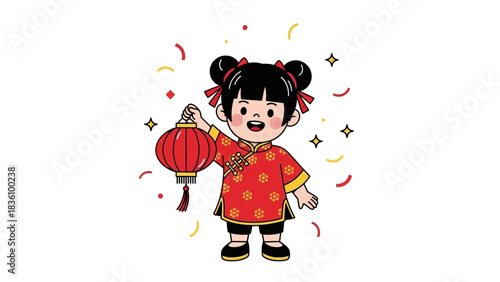 Cartoon Girl Celebrating Chinese New Year with Lantern.