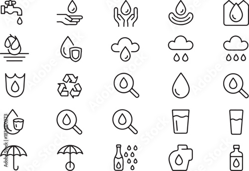 Water conservation and consumption line icons collection depicting rain, protection, and purification concepts in a versatile vector set.