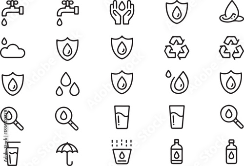 Water conservation and hydration icon set, outlining essential elements for sustainability, purity, and daily use, isolated graphics
