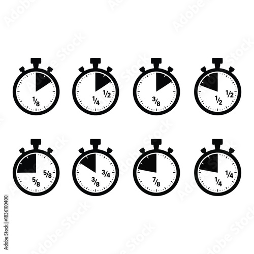 A collection of eight stopwatch icons displaying different time intervals.