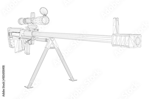 A detailed 3D model of a sniper rifle on a tripod features a realistic wireframe view. The weapon is isolated on a clean white background for versatile use.