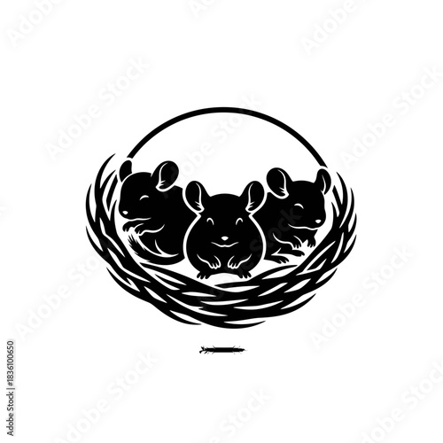 Minimalist chinchilla trio snuggled in cozy nest