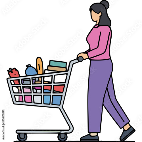 Woman Pushing Full Shopping Cart With Groceries And Household Items In A Clean Minimalist Style With Black Background