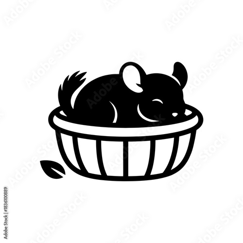 Chinchilla silhouette curled inside a minimal basket relaxed pose