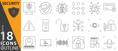 Eighteen security icons outline featuring shield, padlock, eye scan, cloud and other security symbols