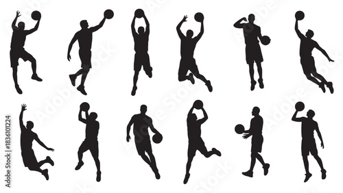 black silhouettes of basketball players in various action