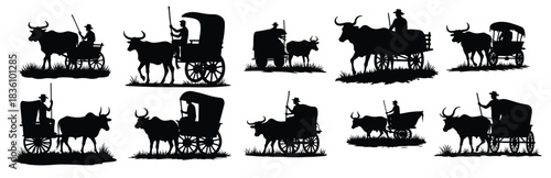 Black silhouettes of ox carts and drivers on white background