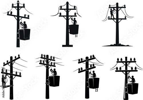 Utility pole silhouette collection, linemen working, transformers, insulators, power lines, black illustration, electrical maintenance – flavector