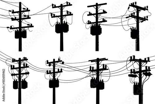 Utility pole silhouette collection, transformers, insulators, power lines, electrical infrastructure, black illustration, grid system design – flavector