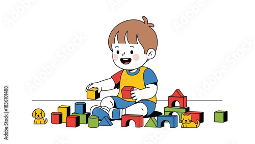 A cheerful toddler engrossed in building with colorful blocks.