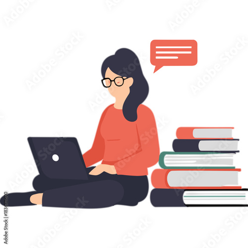 Woman Sitting Cross-legged Working On Laptop Beside Stack Of Books With Speech Bubble Above Head