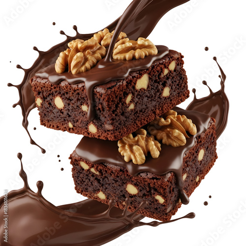 Brownie stack with walnuts isolated on transparent background