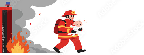 brave firefighter rescuing a baby from a burning building