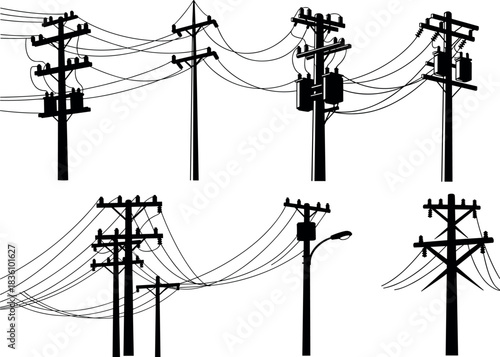 Utility pole silhouettes with transformers, crossarms, wires, streetlight, electric grid infrastructure diversity - flavector