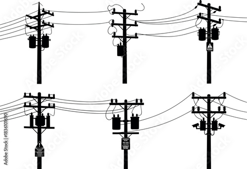 Utility pole silhouettes with transformers, insulators, warning signs, power lines, electric grid infrastructure diversity - flavector