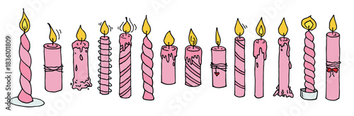 Burning birthday candle set. Single doodle illustration. Hand drawn clipart for card, logo, design