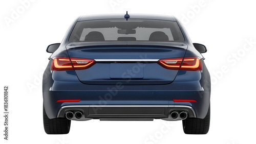 Sleek blue sedan car rear view isolated PNG, modern vehicle design with stylish taillights and exhaust system for automotive concepts