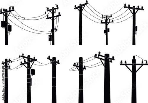 Utility pole silhouettes, insulators, transformers, power lines, electric grid, infrastructure diversity, urban energy system - flavector