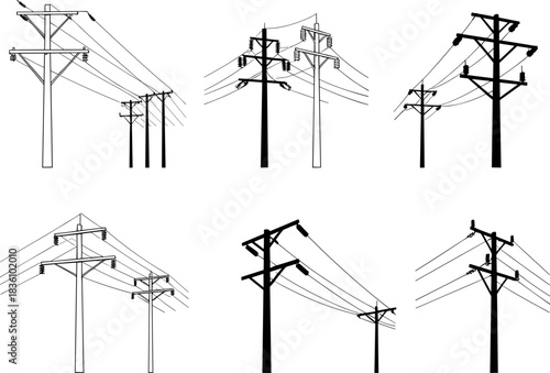 Utility pole silhouettes, outlined structures, crossarms, insulators, power lines, electric grid, infrastructure diversity - flavector