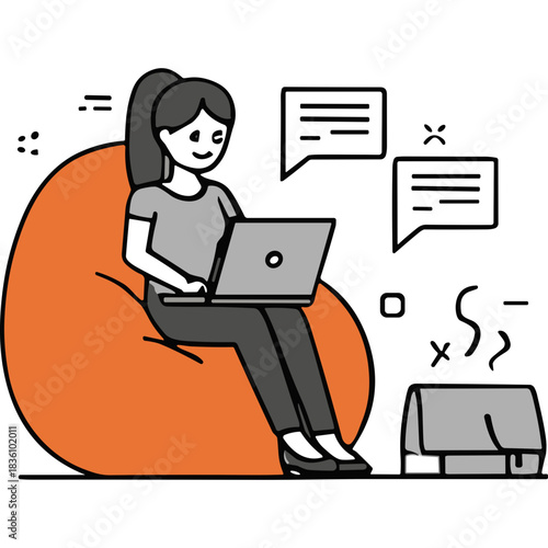 Woman Sitting on an Orange Beanbag Chair Working on a Laptop with Chat Bubbles Above Her Head and a Coffee Cup to the Side Minimalist Illustration